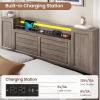imageVIAGDO Farmhouse Queen Bed Frame with Headboard and Double Barn Door Storage Cabinets Rustic Wooden Bed Frame Queen Size with Charging Station 4 Drawers and LED Lights No Box Spring Needed GreyGrey