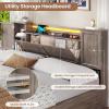 imageVIAGDO Farmhouse Queen Bed Frame with Headboard and Double Barn Door Storage Cabinets Rustic Wooden Bed Frame Queen Size with Charging Station 4 Drawers and LED Lights No Box Spring Needed GreyGrey