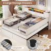 imageVIAGDO Farmhouse Queen Bed Frame with Headboard and Double Barn Door Storage Cabinets Rustic Wooden Bed Frame Queen Size with Charging Station 4 Drawers and LED Lights No Box Spring Needed GreyWhite