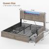 imageVIAGDO Farmhouse Queen Bed Frame with Headboard and Double Barn Door Storage Cabinets Rustic Wooden Bed Frame Queen Size with Charging Station 4 Drawers and LED Lights No Box Spring Needed GreyGrey