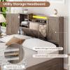 imageVIAGDO Farmhouse Queen Bed Frame with Headboard and Double Barn Door Storage Cabinets Rustic Wooden Bed Frame Queen Size with Charging Station 4 Drawers and LED Lights No Box Spring Needed GreyGrey