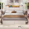 imageVIAGDO Farmhouse Queen Bed Frame with Headboard and Double Barn Door Storage Cabinets Rustic Wooden Bed Frame Queen Size with Charging Station 4 Drawers and LED Lights No Box Spring Needed GreyWhite