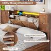imageVIAGDO Farmhouse Queen Bed Frame with Headboard and Double Barn Door Storage Cabinets Rustic Wooden Bed Frame Queen Size with Charging Station 4 Drawers and LED Lights No Box Spring Needed GreyBrown