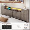 imageVIAGDO Farmhouse Queen Bed Frame with Headboard and Double Barn Door Storage Cabinets Rustic Wooden Bed Frame Queen Size with Charging Station 4 Drawers and LED Lights No Box Spring Needed GreyGrey