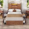 imageVIAGDO Farmhouse Queen Bed Frame with Headboard and Double Barn Door Storage Cabinets Rustic Wooden Bed Frame Queen Size with Charging Station 4 Drawers and LED Lights No Box Spring Needed GreyBrown