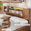 imageVIAGDO Farmhouse Queen Bed Frame with Headboard and Double Barn Door Storage Cabinets Rustic Wooden Bed Frame Queen Size with Charging Station 4 Drawers and LED Lights No Box Spring Needed GreyBrown