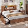 imageVIAGDO Farmhouse Queen Bed Frame with Headboard and Double Barn Door Storage Cabinets Rustic Wooden Bed Frame Queen Size with Charging Station 4 Drawers and LED Lights No Box Spring Needed GreyBrown