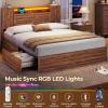imageVIAGDO Farmhouse Queen Bed Frame with Headboard and Double Barn Door Storage Cabinets Rustic Wooden Bed Frame Queen Size with Charging Station 4 Drawers and LED Lights No Box Spring Needed GreyBrown