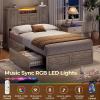 imageVIAGDO Farmhouse Queen Bed Frame with Headboard and Double Barn Door Storage Cabinets Rustic Wooden Bed Frame Queen Size with Charging Station 4 Drawers and LED Lights No Box Spring Needed GreyGrey