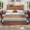imageVIAGDO Farmhouse Queen Bed Frame with Headboard and Double Barn Door Storage Cabinets Rustic Wooden Bed Frame Queen Size with Charging Station 4 Drawers and LED Lights No Box Spring Needed GreyBrown
