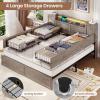 imageVIAGDO Farmhouse Queen Bed Frame with Headboard and Double Barn Door Storage Cabinets Rustic Wooden Bed Frame Queen Size with Charging Station 4 Drawers and LED Lights No Box Spring Needed GreyGrey