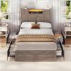 imageVIAGDO Farmhouse Queen Bed Frame with Headboard and Double Barn Door Storage Cabinets Rustic Wooden Bed Frame Queen Size with Charging Station 4 Drawers and LED Lights No Box Spring Needed GreyGrey