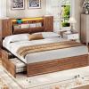 imageVIAGDO Farmhouse Queen Bed Frame with Headboard and Double Barn Door Storage Cabinets Rustic Wooden Bed Frame Queen Size with Charging Station 4 Drawers and LED Lights No Box Spring Needed GreyBrown