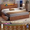 imageVIAGDO Farmhouse Queen Bed Frame with Headboard and Double Barn Door Storage Cabinets Rustic Wooden Bed Frame Queen Size with Charging Station 4 Drawers and LED Lights No Box Spring Needed GreyBrown