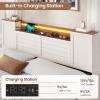 imageVIAGDO Farmhouse Queen Bed Frame with Headboard and Double Barn Door Storage Cabinets Rustic Wooden Bed Frame Queen Size with Charging Station 4 Drawers and LED Lights No Box Spring Needed GreyWhite