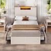 imageVIAGDO Farmhouse Queen Bed Frame with Headboard and Double Barn Door Storage Cabinets Rustic Wooden Bed Frame Queen Size with Charging Station 4 Drawers and LED Lights No Box Spring Needed GreyWhite