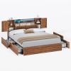 imageVIAGDO Farmhouse Queen Bed Frame with Headboard and Double Barn Door Storage Cabinets Rustic Wooden Bed Frame Queen Size with Charging Station 4 Drawers and LED Lights No Box Spring Needed GreyBrown