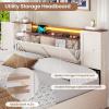 imageVIAGDO Farmhouse Queen Bed Frame with Headboard and Double Barn Door Storage Cabinets Rustic Wooden Bed Frame Queen Size with Charging Station 4 Drawers and LED Lights No Box Spring Needed GreyWhite
