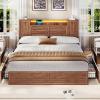imageVIAGDO Farmhouse Queen Bed Frame with Headboard and Double Barn Door Storage Cabinets Rustic Wooden Bed Frame Queen Size with Charging Station 4 Drawers and LED Lights No Box Spring Needed GreyBrown