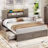 imageVIAGDO Farmhouse Queen Bed Frame with Headboard and Double Barn Door Storage Cabinets Rustic Wooden Bed Frame Queen Size with Charging Station 4 Drawers and LED Lights No Box Spring Needed GreyGrey