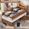 imageVIAGDO Farmhouse Queen Bed Frame with Headboard and Double Barn Door Storage Cabinets Rustic Wooden Bed Frame Queen Size with Charging Station 4 Drawers and LED Lights No Box Spring Needed GreyBrown