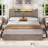imageVIAGDO Farmhouse Queen Bed Frame with Headboard and Double Barn Door Storage Cabinets Rustic Wooden Bed Frame Queen Size with Charging Station 4 Drawers and LED Lights No Box Spring Needed GreyGrey