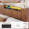 imageVIAGDO Farmhouse Queen Bed Frame with Headboard and Double Barn Door Storage Cabinets Rustic Wooden Bed Frame Queen Size with Charging Station 4 Drawers and LED Lights No Box Spring Needed GreyBrown