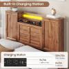 imageVIAGDO Farmhouse Queen Bed Frame with Headboard and Double Barn Door Storage Cabinets Rustic Wooden Bed Frame Queen Size with Charging Station 4 Drawers and LED Lights No Box Spring Needed GreyBrown
