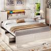 imageVIAGDO Farmhouse Queen Bed Frame with Headboard and Double Barn Door Storage Cabinets Rustic Wooden Bed Frame Queen Size with Charging Station 4 Drawers and LED Lights No Box Spring Needed GreyWhite