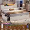imageVIAGDO Farmhouse Queen Bed Frame with Headboard and Double Barn Door Storage Cabinets Rustic Wooden Bed Frame Queen Size with Charging Station 4 Drawers and LED Lights No Box Spring Needed GreyWhite