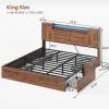 imageVIAGDO Farmhouse Queen Bed Frame with Headboard and Double Barn Door Storage Cabinets Rustic Wooden Bed Frame Queen Size with Charging Station 4 Drawers and LED Lights No Box Spring Needed GreyBrown