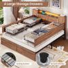 imageVIAGDO Farmhouse Queen Bed Frame with Headboard and Double Barn Door Storage Cabinets Rustic Wooden Bed Frame Queen Size with Charging Station 4 Drawers and LED Lights No Box Spring Needed GreyBrown