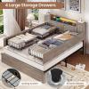 imageVIAGDO Farmhouse Queen Bed Frame with Headboard and Double Barn Door Storage Cabinets Rustic Wooden Bed Frame Queen Size with Charging Station 4 Drawers and LED Lights No Box Spring Needed GreyGrey