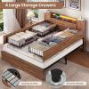 imageVIAGDO Farmhouse Queen Bed Frame with Headboard and Double Barn Door Storage Cabinets Rustic Wooden Bed Frame Queen Size with Charging Station 4 Drawers and LED Lights No Box Spring Needed GreyBrown