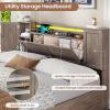 imageVIAGDO Farmhouse Queen Bed Frame with Headboard and Double Barn Door Storage Cabinets Rustic Wooden Bed Frame Queen Size with Charging Station 4 Drawers and LED Lights No Box Spring Needed GreyGrey