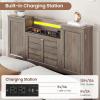 imageVIAGDO Farmhouse Queen Bed Frame with Headboard and Double Barn Door Storage Cabinets Rustic Wooden Bed Frame Queen Size with Charging Station 4 Drawers and LED Lights No Box Spring Needed GreyGrey
