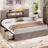 imageVIAGDO Farmhouse Queen Bed Frame with Headboard and Double Barn Door Storage Cabinets Rustic Wooden Bed Frame Queen Size with Charging Station 4 Drawers and LED Lights No Box Spring Needed GreyGrey
