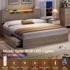 imageVIAGDO Farmhouse Queen Bed Frame with Headboard and Double Barn Door Storage Cabinets Rustic Wooden Bed Frame Queen Size with Charging Station 4 Drawers and LED Lights No Box Spring Needed GreyGrey