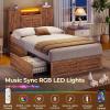 imageVIAGDO Farmhouse Queen Bed Frame with Headboard and Double Barn Door Storage Cabinets Rustic Wooden Bed Frame Queen Size with Charging Station 4 Drawers and LED Lights No Box Spring Needed GreyBrown