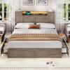 imageVIAGDO Farmhouse Queen Bed Frame with Headboard and Double Barn Door Storage Cabinets Rustic Wooden Bed Frame Queen Size with Charging Station 4 Drawers and LED Lights No Box Spring Needed GreyGrey