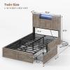 imageVIAGDO Farmhouse Queen Bed Frame with Headboard and Double Barn Door Storage Cabinets Rustic Wooden Bed Frame Queen Size with Charging Station 4 Drawers and LED Lights No Box Spring Needed GreyGrey