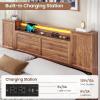imageVIAGDO Farmhouse Queen Bed Frame with Headboard and Double Barn Door Storage Cabinets Rustic Wooden Bed Frame Queen Size with Charging Station 4 Drawers and LED Lights No Box Spring Needed GreyBrown