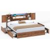 imageVIAGDO Farmhouse Queen Bed Frame with Headboard and Double Barn Door Storage Cabinets Rustic Wooden Bed Frame Queen Size with Charging Station 4 Drawers and LED Lights No Box Spring Needed GreyBrown