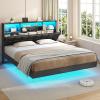 imageVIAGDO Floating Bed Frame Queen Size with Headboard and Storage Upholstered Queen Platform Bed Frame with USB ampamp Type C Charging Station and LED Lights Hidden Storage No Box Spring Needed BlackBlack