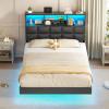 imageVIAGDO Floating Bed Frame Queen Size with Headboard and Storage Upholstered Queen Platform Bed Frame with USB ampamp Type C Charging Station and LED Lights Hidden Storage No Box Spring Needed BlackBlack