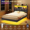 imageVIAGDO Floating Bed Frame Queen Size with Headboard and Storage Upholstered Queen Platform Bed Frame with USB ampamp Type C Charging Station and LED Lights Hidden Storage No Box Spring Needed BlackBlack
