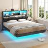 imageVIAGDO Floating Bed Frame Queen Size with Headboard and Storage Upholstered Queen Platform Bed Frame with USB ampamp Type C Charging Station and LED Lights Hidden Storage No Box Spring Needed BlackBlack