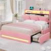 imageVIAGDO Full Size Bed Frame with Storage Headboard and Charging Station Velvet Upholstered Bed Frame Full Size with 4 Drawers and LED Lights Type C and USB No Box Spring Needed PinkPink