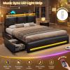 imageVIAGDO Full Size Bed Frame with Storage Headboard and Charging Station Velvet Upholstered Bed Frame Full Size with 4 Drawers and LED Lights Type C and USB No Box Spring Needed PinkBlack