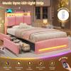 imageVIAGDO Full Size Bed Frame with Storage Headboard and Charging Station Velvet Upholstered Bed Frame Full Size with 4 Drawers and LED Lights Type C and USB No Box Spring Needed PinkPink